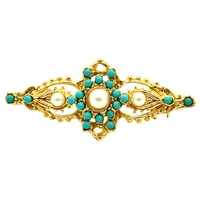 Gold Plated Faux Turquoise and Faux Pearl Brooch circa 1990s